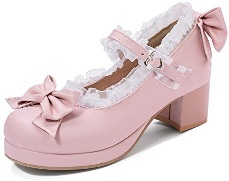 KISSASA Scarpe da donna con plateau e tacco Mary Jane con fiocco, rosa, 43.5 EU