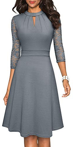 HOMEYEE Women's Elegant Hollow Out Lace Sleeve Swing Pleated Party Cocktail Dress A234 (S, Grey)