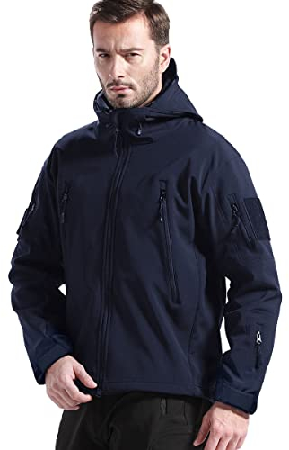 FREE SOLDIER Giacche Militari Softshell da Uomo Fodera in Pile da Esterno Giacca Antivento Impermeabile con Cappuccio Giacche tattiche Calde Multitasche per Escursioni di Caccia (Blu Navy,XL)