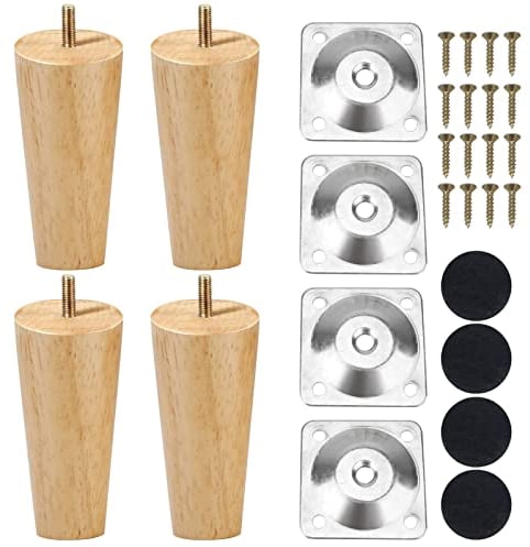 Errum 4PCS Solid Wood Furniture Legs, Replacement Cabinet Legs Wooden Table Legs Chair Legs Sofa Legs Couch Legs Dresser Legs with Rubber Protection Pad & Screws Mounting Plates