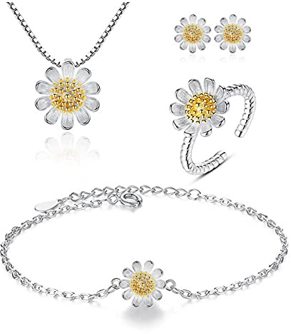 HCMA 925 Sterling Silber Süße Sonnenblume Blume Halskette + Ohrringe + Armband + Ring Schmuck Sets Für Frauen Geschenk Hochzeit Schmuck Set