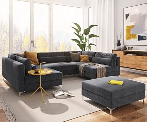 DELIFE Sofa Elio Mikrofaser Graphite 300x185 cm mit Hocker Wohnlandschaft