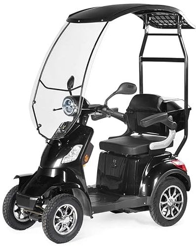 VELECO FASTER ROOF - Mobilitätsroller mit 4 Rädern – komplett montiert und fahrberereit – Dach mit Windschutzscheibe – sicher und stabil – Alarmanlage – geräumiger Stauraum - Vierrad (SCHWARZ)