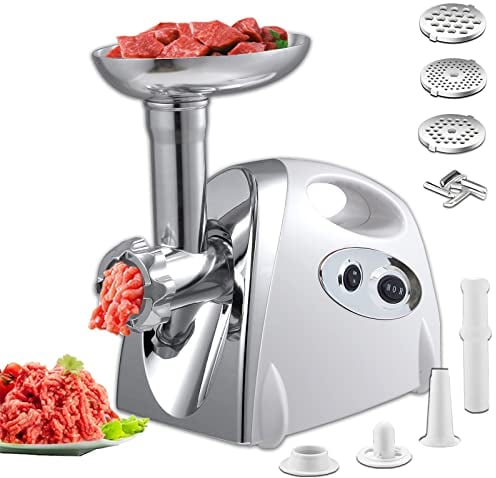 VNIMTI Meat Grinder Electric, 2800W Meat Mincer Machine, Stainless Steel Food Grinder Sausage Maker with 3 Cutting Plates, Sausage Stuffer Tube & Kubbe Kit for Home Kitchen Use (Handle - White)