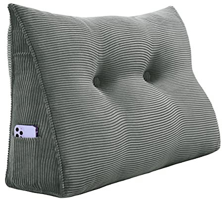 VERCART Coussin de dossier de lit, coussin biseauté, tête de lit, de lecture, mural, grand coussin de canapé, coussin de soutien, de nuque, housse en velours côtelé, gris, 60 cm