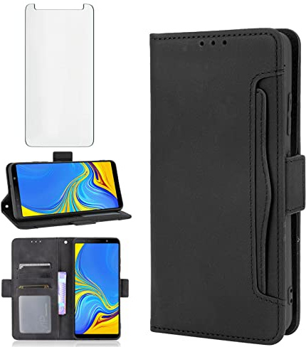 Asuwish Handyhülle für Samsung Galaxy A7 2018 Hülle mit Glas Folie Schutzfolie Kartenfach Klappbar Leder Geldbörse Ständer Panzerfolie SM-A750FN/DS A750FN Handy Hüllen Schutzhülle Phone Case Schwarz