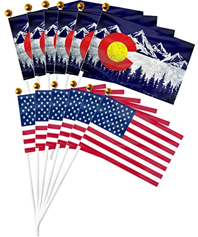 FLCHWY Amerikanische US-Handflagge, Colorado-Flagge, Handflagge, USA-Colorado-CO-Flaggen, Vintage-Berg, kleine Mini-Flagge mit massivem Pole C-Flagge, Banner, Polyester-Tisch, Dekoration, 12 Stück