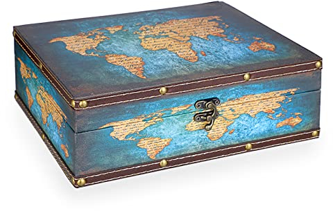 SUMNACON Wooden PU Leather Storage Treasure Box, decor Jewelry Trinket Box Keepsakes Organizer, 27x21.5x9.5CM Rectangle Storage Box Organizer for Jewelry, Treasure (Green Map Pattern) (YG0153)