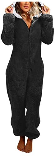 Caxndycing Combinaison d'hiver pour femme - En polaire - Couleur unie - Avec capuche - Fermeture éclair - Pyjama une pièce - Combinaison fine, A1 noir., XL