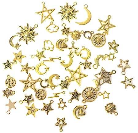 NIANOPKM Pack of 50 Charms Pendants,Star Charm Moon Sun Connection Pendant Kit,Brass Charm for Jewellery Making,Necklaces,Bracelets,Earrings