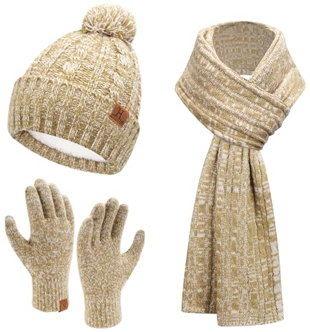 Bequemer Laden Damen Winter Warm Beanie Mütze Touchscreen Handschuhe Lang Schal Set mit Fleece Gefüttert, Thermo Wintermütze Strickmütze mit Bommel Schals Winterhandschuhe Frauen Geschenk, Khaki