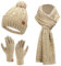 Bequemer Laden Damen Winter Warm Beanie Mütze Touchscreen Handschuhe Lang Schal Set mit Fleece Gefüttert, Thermo Wintermütze Strickmütze mit Bommel Schals Winterhandschuhe Frauen Geschenk, Khaki