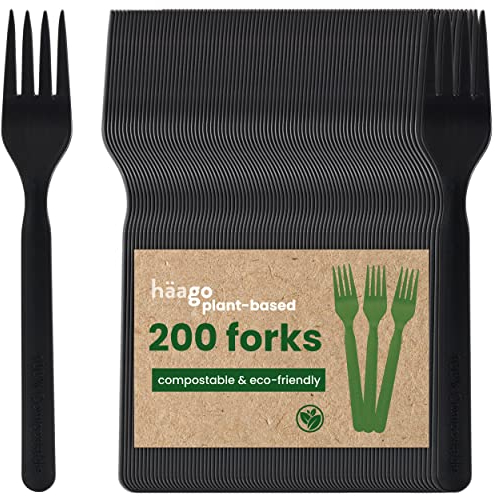 HAAGO - 200 Forks Cutlery Set - Reusable, Dishwasher Safe Heavy Duty Cutlery for Parties, Weddings, Events, for Hot & Cold Food - Black 16.5cm