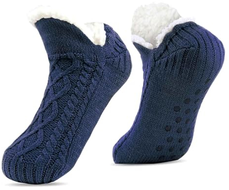 AWAVM Calzini da Donna e Uomo, Soffici e Caldi, Foderati in Pile, Antiscivolo, Morbidi e Spessi, per Ragazze, Calzini Natalizi, Blu Navy, Taglia Unica