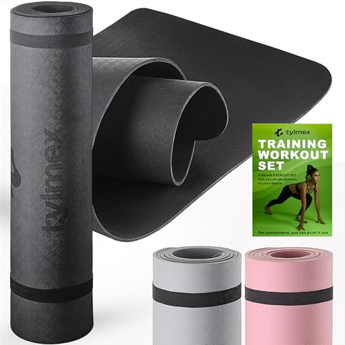 Tylmex Yogamatte TPE rutschfest 6mm | Umweltfreundliche Fitnessmatte für Yoga, Pilates & Workout | Trainingsmatte 183x61cm mit Tragegurt & Online-Übungsanleitung - Schwarz