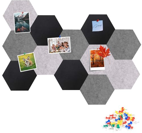 Gute Felt Pin Boards, Pack of 12 Hexagonal Self-Adhesive Cork Board, 22 x 19 cm Large, DIY Memo Boards for Photos, Schedules, Bulletin Board for Children's Room, Classroom, Office, 50 Push Pins