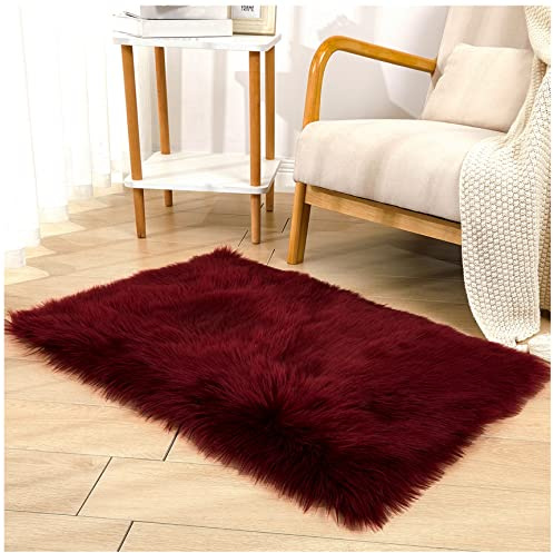 DSHXL Faux Sheepskin Fur Fuzzy Furry Rug, 2x3 Ft Rectangle Small Burgundy Furry Rugs, Bedside Fluffy Area Rug Fur Rugs for Bedroom, Living Room, Dorm Room, Photography