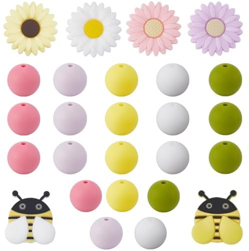 SUNNYCLUE 56PCS 11 STYLES 15mm Silicone Round Beads Flower Focal Beads Cute Daisy Bee Animal Chunky Soft Rubber Loose Spacer Bead Bulk for Beadable Pens Keychain Making Kit Beading Bracelet Craft