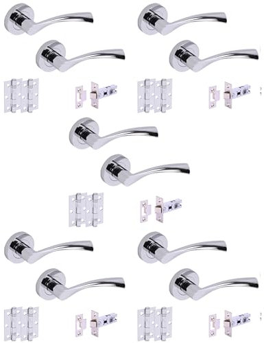 HANDLEZONE® 5 Sets Lobo Internal Door Handles on Rose Lever Latch Packs with 75mm Ball Bearing Hinges and 65mm Latches - Polished Chrome