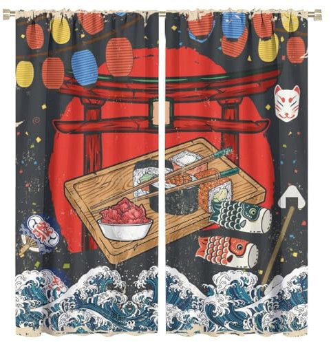 COALHO Lot de 2 panneaux de rideaux occultants vintage japonais avec passe-tringle pour chambre à coucher, motif manga japonais, poisson rouge, soleil rouge, Torii, rideaux occultants avec