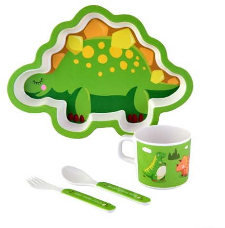 Plateau et assiettes en forme d’animaux pour bébés et enfants en bas âge – Service de table pour enfant + Verre et couverts (Dinosaure vert)