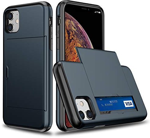 XYZNTMF for iPhone 11 Case iPhone 11 Shockproof Case with Card Holder Soft Silicone Bumper Matte Hard PC Shell Heavy Duty Protective Skin Cover Armor Rubber iPhone 11 Phone Case, Dark Blue