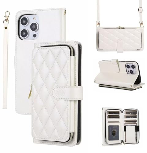 FMPCUON Case for iPhone 12 Mini, Multiple Card Slots Leather Wallet Shockproof Flip Cover with Hand Strap Card Slots Zipper Pocket Kickstand Handbag Magnetic Closure,White