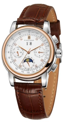 FORSINING Montre automatique pour femme étanche, style affaires, calendrier, remontage automatique, phase de lune, bracelet en acier inoxydable, 1 or rose., Moderne