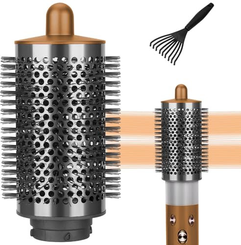 Large Round Volumizing Brush Compatible with Dyson Airwrap Attachments, Bigger Oval Round Brush Attachment with Hair Brush Cleaner Tool, Fluff up and Volumize for Styling, Gold