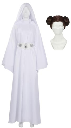 Fortunezone Prinzessin Leia Kostüm Damen Weißes Kleid Langes und Prinzessin Leia Perücke für Halloween