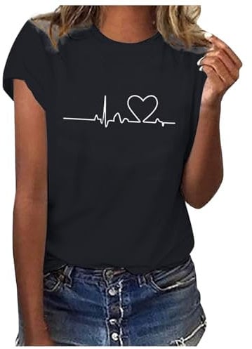 MeiLyviba Sommer T-Shirt Damen Basic T Shirt Bedrucken Rundhalsausschnitt Weiß Oberteile Baumwolle Casual Damen Locker Kurzarm Bluse Tops Sportshirt S-XXL