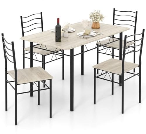 COSTWAY 5 Piece Dining Table Set, Kitchen Table and 4 Chair Set with High Backrest & Anti-slip Footpads, Metal Frame Rectangular Breakfast Table Chair Set for Home Restaurant (Light Natural+Black)