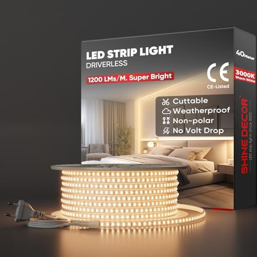 Shine Decor LED Streifen 40m, AC 220V 230V IP65 Wasserdicht LED Band, SMD 2835 120 leds/m Ultrahohe Helligkeit Lichtleiste für Home Decoration Küche Garten LED Beleuchtung (40M, Warmweiß)