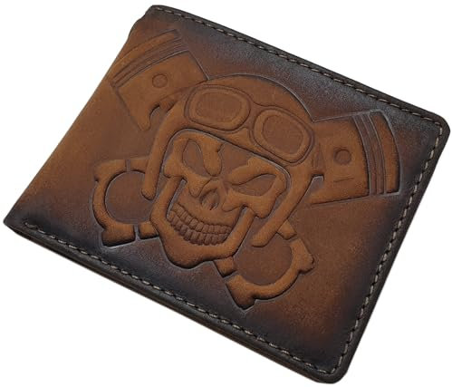 myledershop Echt Büffel-Vollleder Geldbörse/Geldbeutel/Portemonnaie/Geldtasche in Querformat mit 3D Totenkopf Prägung und RFID & NFC Schutz (3D Totenkopf Prägung/Cognac)