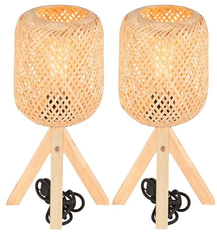 LIGKIN Lot de 2 Lampe de Table en Bambou Tissage Lampe de Chevet Style Bohème Abat-jour en Bambou Faite à la Main Éclairage De Table Veilleuse Décorative pour Chambre Bureau