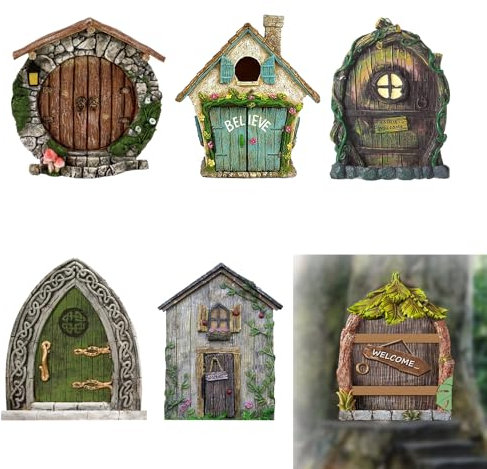 BSITSSS 6 Stück Feentür Garten, Miniatur Wichteltür Garten, Hölzerne Tiny Elfentür, Wichteltüre Feengarten Zubehör Outdoor, Wichtel Tür für Garten Yard Bäume Decoration, Miniatur Wichteltüre
