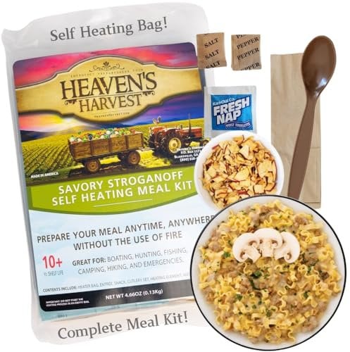 Heaven's Harvest Self-Heating Emergency Meal Kit (10 Year Shelf Life) — Tastier Than MRE Meals & Ready-to-Eat in Minutes! Just add Water to Activate The “Cooking” Process. (Savory Stroganoff)