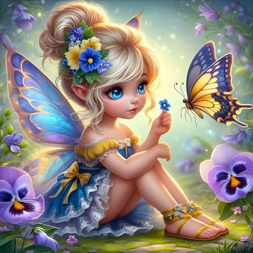 GDYEEH 5D Fée Fille Peinture Diamant Painting Kit, DIY Papillon Art du Diamant Complet Kits, Fleurs Diamond Art Strass Point de Croix Painting pour Adultes Débutants Maison Décor 30X30cm
