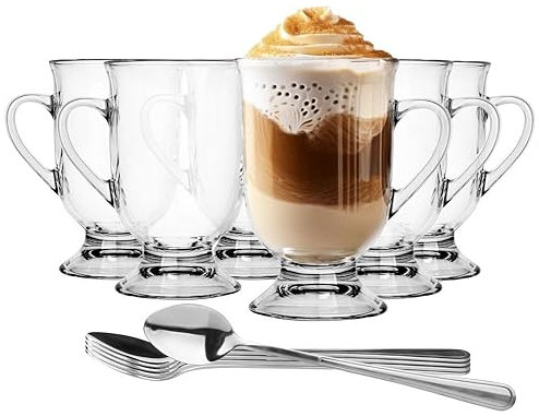 Glasmark KROSNO 1992 Set di i da caffè con manico Manico e cucchiai da latte Confezione da 6 380 ml Caffè Tè Latte Tazze da tè in e lavabile in lavastoviglie Elton