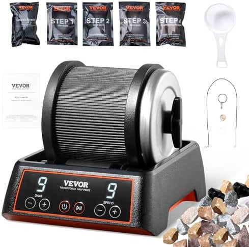 VEVOR Steinpolierset Steinpolierer 1,13 kg Kapazität 9 Geschwindigkeitsstufen, 9-Tage-Poliertimer Steinschleifmaschine mit groben Edelsteinen & Polierkörnern, Steinpolierer Liebhaber Schwarz