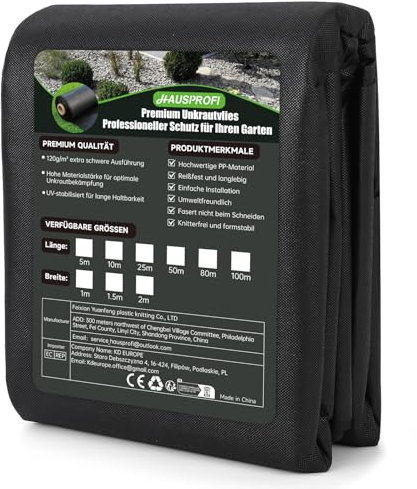 HAUSPROFI Premium Unkrautvlies 100g/m² - Hochdichte Unkrautfolie Wasserdurchlässig & Reißfest - UV-Stabil Gartenvlies aus Recycelbar PP - Umweltfreundlich & Knitterfrei, 5m x 2m
