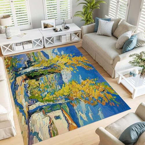 JEDTAKCT Buchsbaum Teppich, 60X120Cm, Wohnzimmerteppich, Rutschfester Teppich, Kurzflor, Ländliches Ölgemälde, Dekoration, Für Wohnzimmer, Schlafzimmer, Maschinenwaschbar