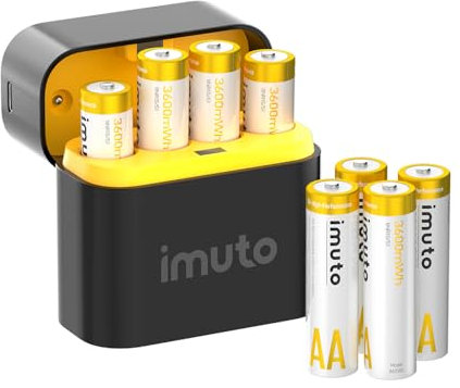 imuto AA Batterie Ricaricabili Lithium 8 Pack con Caricabatterie, 3600 mWh ad alta capacità 3 Ampere potenza di picco al 100%, batterie al litio ad alte prestazioni a tensione non costante doppia A