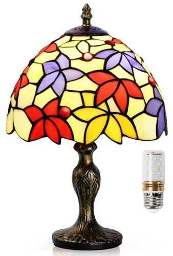 WEEKSUN Buntglaslampe Style Tischlampe, Vintage Tischlampe mit Glühbirne, Handcraft Glasmalerei Lampenschirm Tischlampen für Schlafzimmer Nachttischlampe Arbeitszimmer Office (Ahornblatt-Stil)