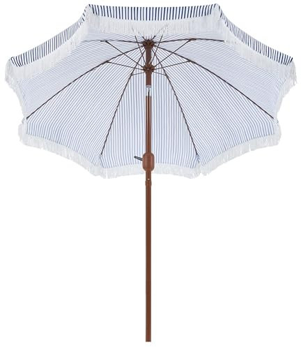 Abician Parasol de Jardin à Franges Ø236 x 228cm, Parasol d'extérieur Inclinable, Protection UV, Imperméable, avec 8 Baleines,Manivelle, Housse de protection Bleu/Blanc