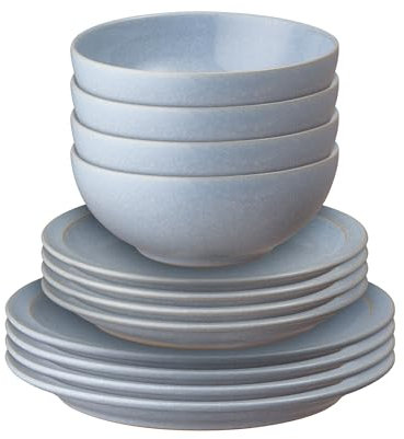 Denby - Sky Blue Dinner Set for 4-12 Piece Ceramic Tableware - Dishwasher Safe, Durable Crockery - Hand Glazed Stoneware Plate & Bowl Set - Includes 4 x Dinner Plates, Small Plates, Cereal Bowls