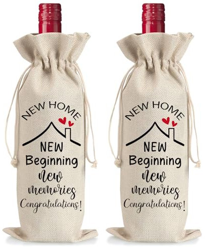 2PCS New Home Wine Gift Bag, Natural Linen Drawstring Bottle Bag for Wine, Housewarming Gift, Wine Bottle Cover Bags, Champagne Gift Bag, New House Gifts, New Home Gifts for Men, Women, Couples