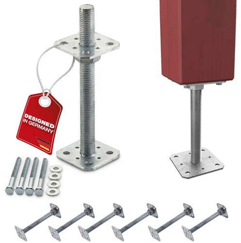 SOTECH 6er Set Pfostenträger 80 x 80 x 250 mm Gewinde M24 Stahl feuerverzinkt Anker höhenverstellbar Bodenfuß zum aufschrauben Witterungsbeständig