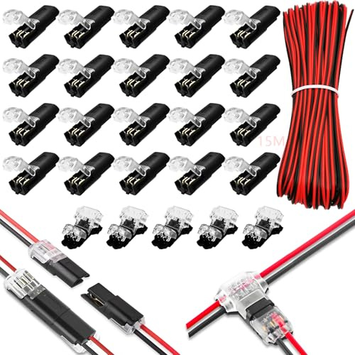 CTRICALVER 15m 2-pol. LED-Streifen Verlängerungskabel, 22WAG, 12V。Mit T2&D2Schnellverb., ohne Abisolieren。Geeignet für LED-Geräte, Streifen, Lichterketten, 5-24V DIY。