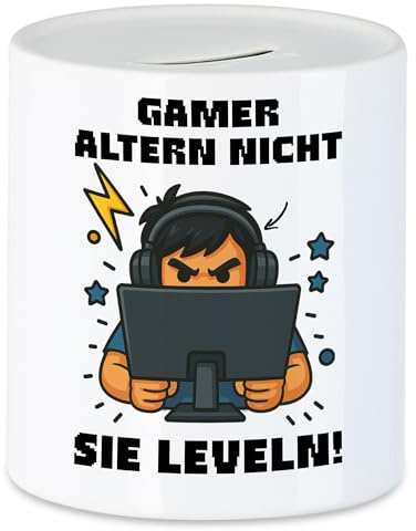 Hey!Print Gamer altern nicht sie leveln Spardose Gamer Spruch Geschenk Zocker Nerd Geburtstag Level Headset
